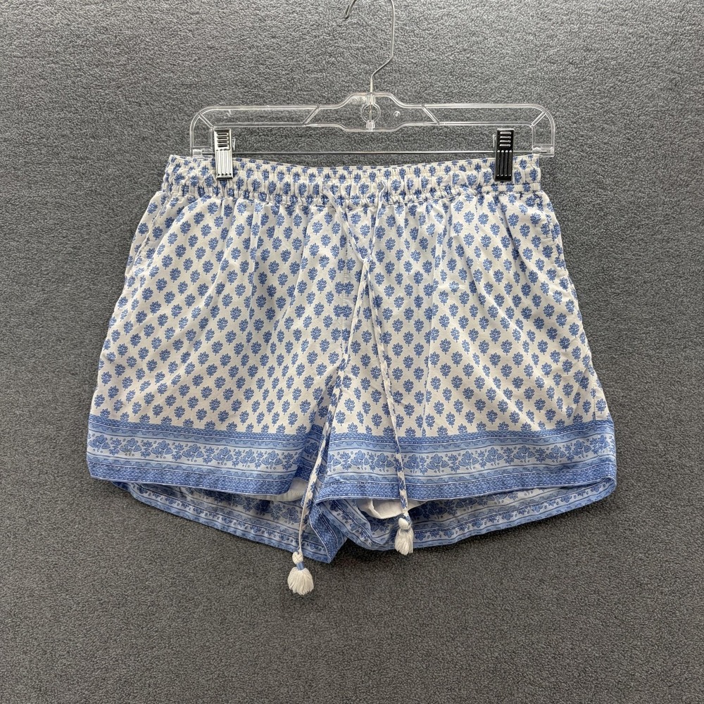 Vineyard Vines Shorts Women Medium White Blue Ikat Tassel Drawstring Preppy Boho